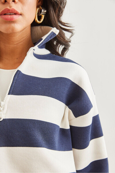 Striped Navy Blue Thick Sweatshirt with Zip Fastening and Stand Up Collar Thistle SWT-19000690 - 5