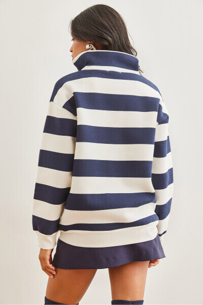 Striped Navy Blue Thick Sweatshirt with Zip Fastening and Stand Up Collar Thistle SWT-19000690 - 6