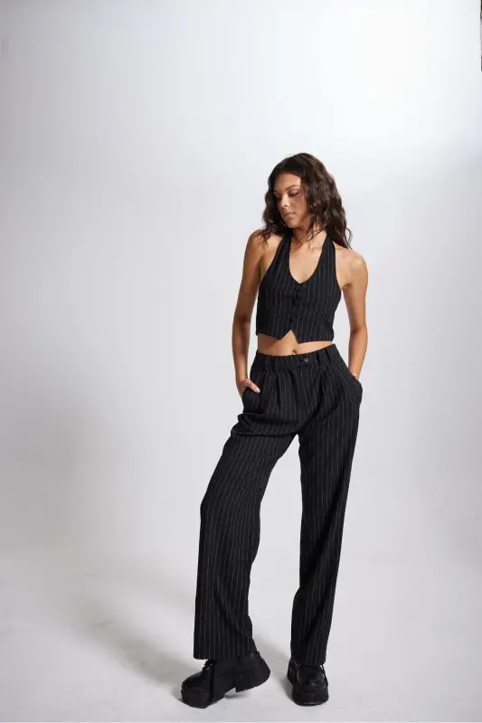 Striped Pantolon Siyah - 4
