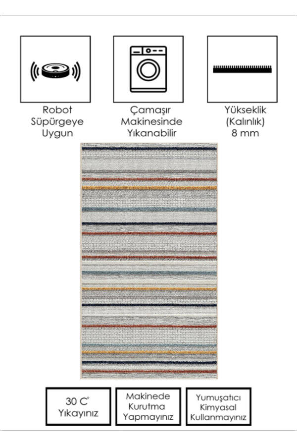 Striped Pattern Digital Print Washable Non-Slip Base Living Room Kitchen Balcony Rug Runner - 3