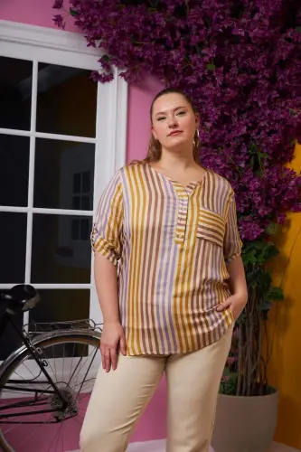 Striped Pattern Plus Size Pocket Detailed Blouse Cream - 1