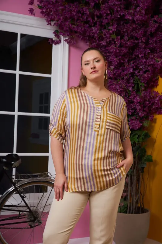 Striped Pattern Plus Size Pocket Detailed Blouse Cream - BÜYÜKBEDENIZ