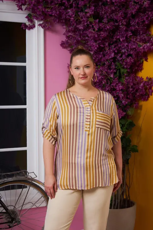 Striped Pattern Plus Size Pocket Detailed Blouse Cream - 3