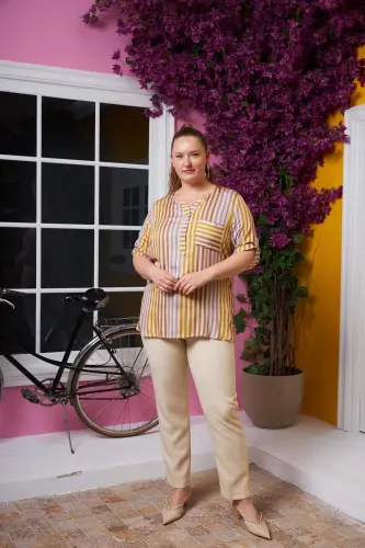 Striped Pattern Plus Size Pocket Detailed Blouse Cream - 5