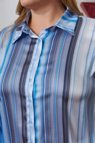 Striped Pattern Plus Size Satin Shirt Indigo - 2