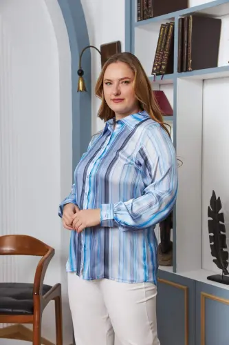 Striped Pattern Plus Size Satin Shirt Indigo - 9