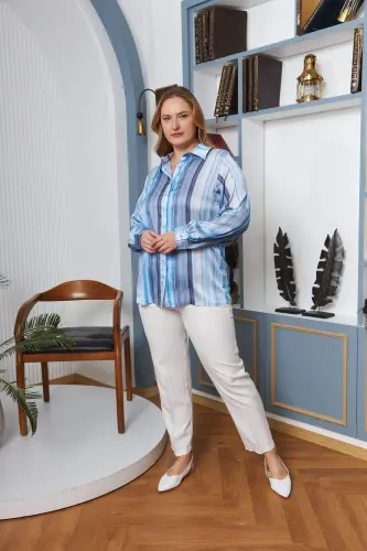 Striped Pattern Plus Size Satin Shirt Indigo - 5