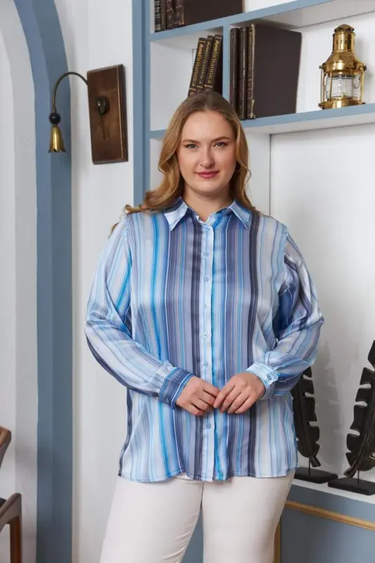 Striped Pattern Plus Size Satin Shirt Indigo - 1