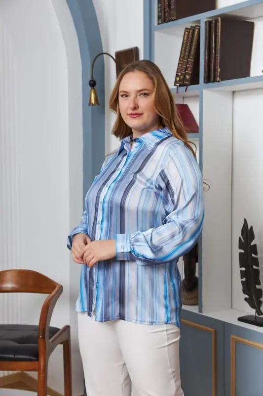 Striped Pattern Plus Size Satin Shirt Indigo - 4
