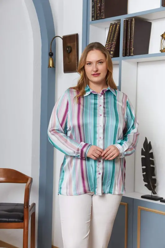 Striped Pattern Plus Size Satin Shirt Lilac - BÜYÜKBEDENIZ