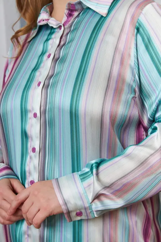 Striped Pattern Plus Size Satin Shirt Lilac - 2