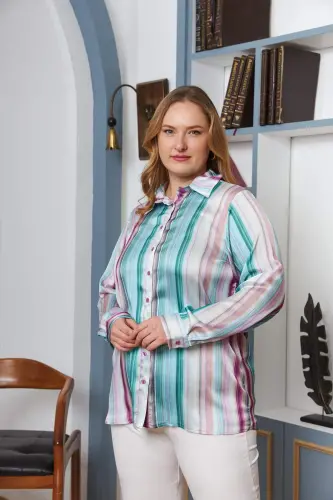 Striped Pattern Plus Size Satin Shirt Lilac - 3