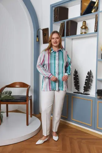 Striped Pattern Plus Size Satin Shirt Lilac - 4