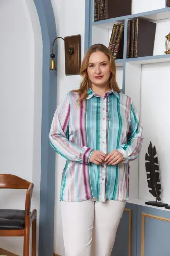 Striped Pattern Plus Size Satin Shirt Lilac - 1