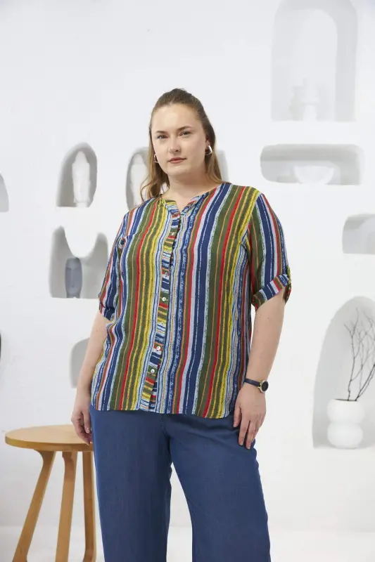 Striped Patterned Plus Size Khaki Shirt - BÜYÜKBEDENIZ