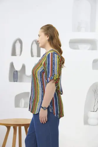 Striped Patterned Plus Size Khaki Shirt - BÜYÜKBEDENIZ (1)