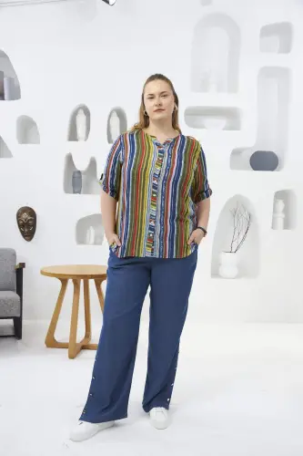 Striped Patterned Plus Size Khaki Shirt - 4