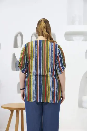 Striped Patterned Plus Size Khaki Shirt - 5