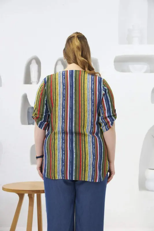 Striped Patterned Plus Size Khaki Shirt - 5