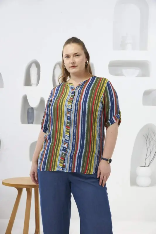 Striped Patterned Plus Size Khaki Shirt - 1