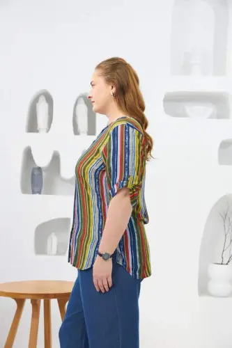 Striped Patterned Plus Size Khaki Shirt - BÜYÜKBEDENIZ (1)
