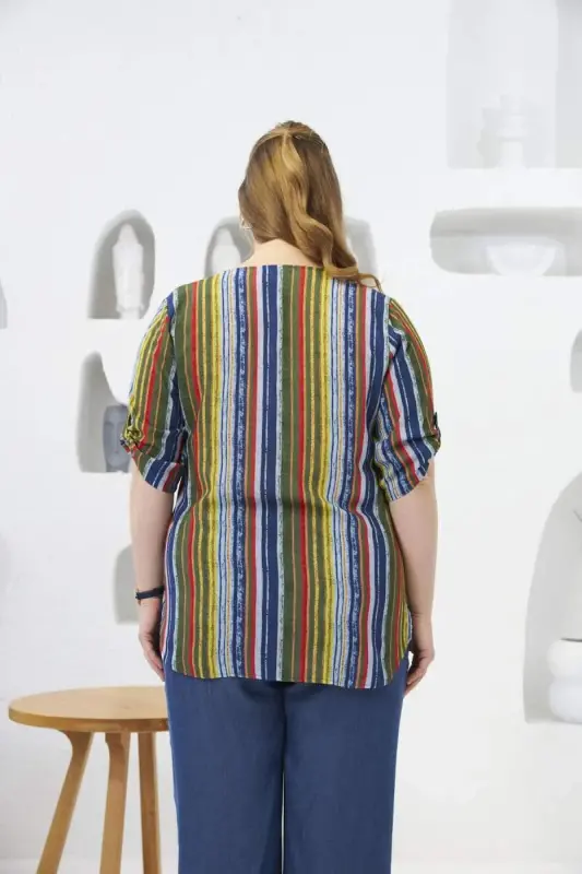 Striped Patterned Plus Size Khaki Shirt - 5