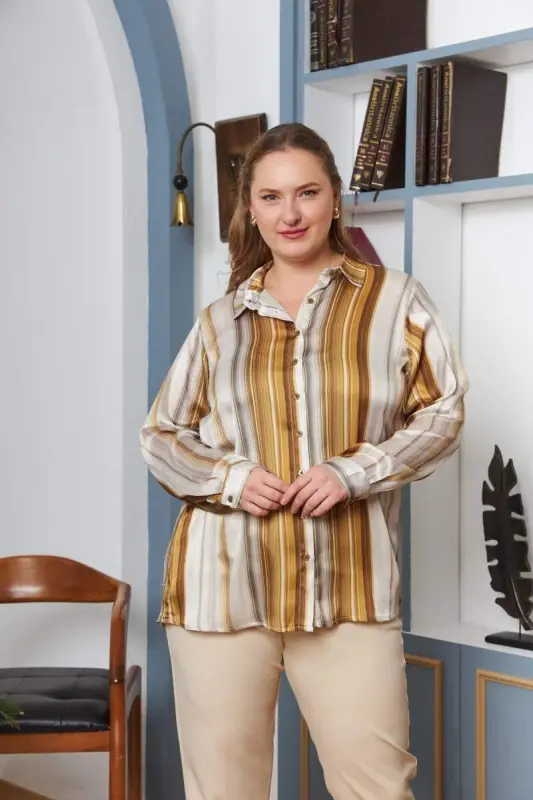 Striped Patterned Plus Size Satin Shirt Mustard - BÜYÜKBEDENIZ
