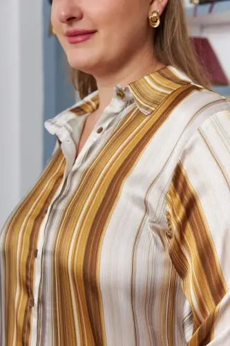 Striped Patterned Plus Size Satin Shirt Mustard - BÜYÜKBEDENIZ (1)