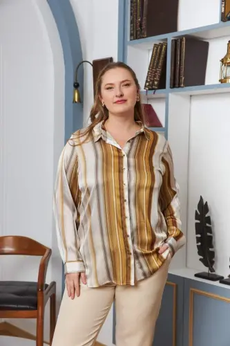 Striped Patterned Plus Size Satin Shirt Mustard - 3