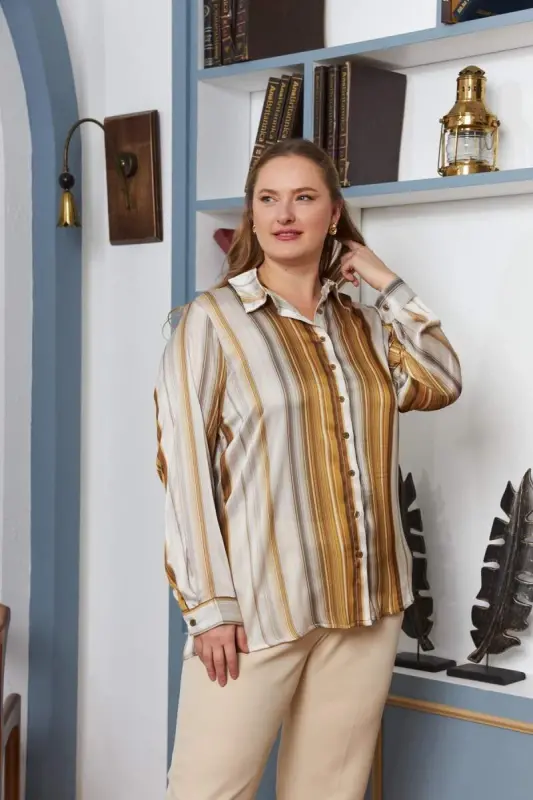Striped Patterned Plus Size Satin Shirt Mustard - 4