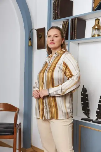 Striped Patterned Plus Size Satin Shirt Mustard - 5