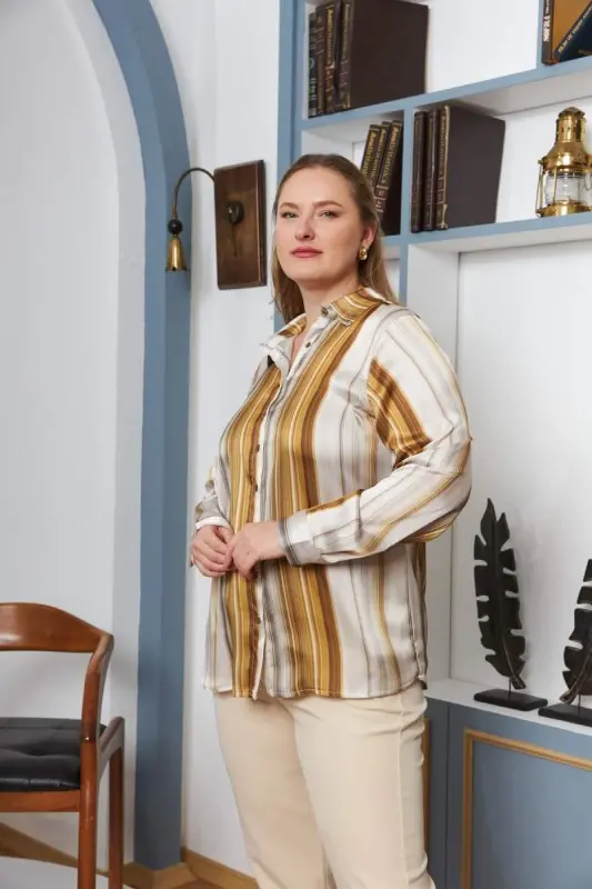 Striped Patterned Plus Size Satin Shirt Mustard - 5