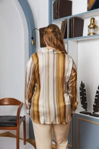 Striped Patterned Plus Size Satin Shirt Mustard - 6