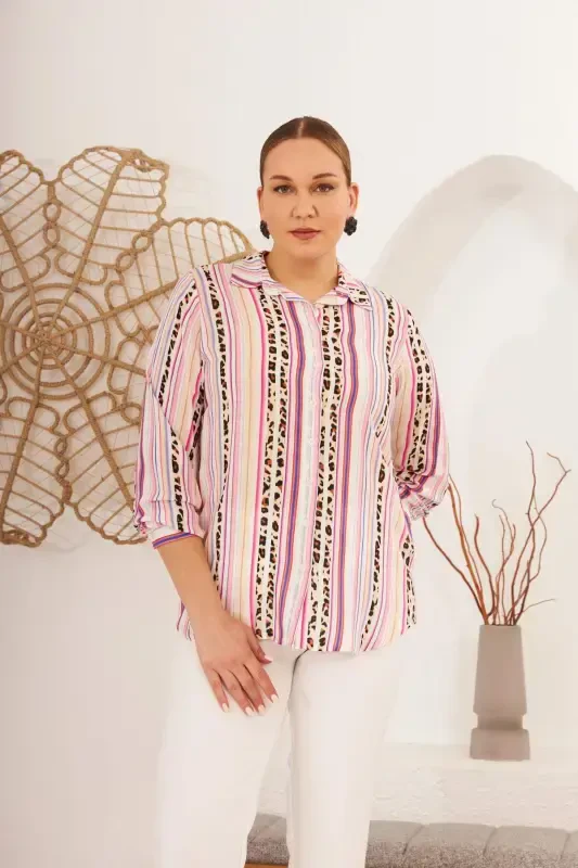 Striped Patterned Voile Viscose Plus Size Fuchsia Shirt - 10