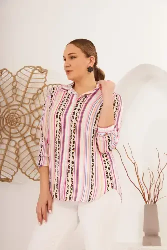 Striped Patterned Voile Viscose Plus Size Fuchsia Shirt - 9