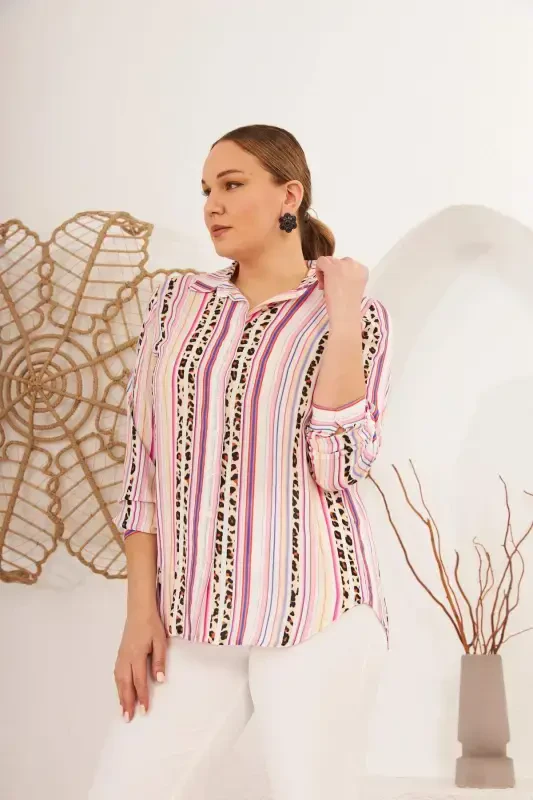 Striped Patterned Voile Viscose Plus Size Fuchsia Shirt - 9