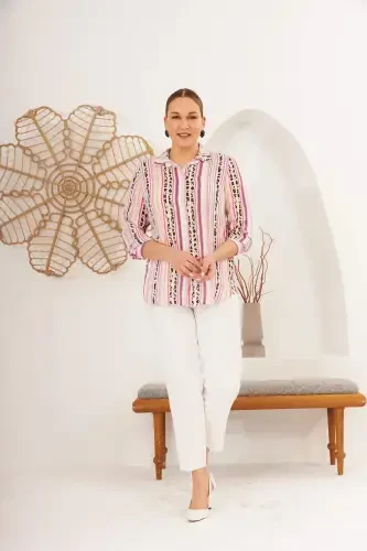 Striped Patterned Voile Viscose Plus Size Fuchsia Shirt - 8