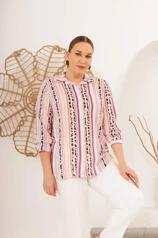 Striped Patterned Voile Viscose Plus Size Fuchsia Shirt - 2