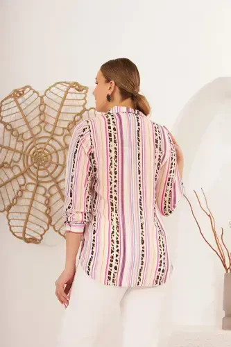 Striped Patterned Voile Viscose Plus Size Fuchsia Shirt - 5