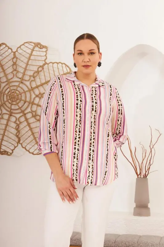 Striped Patterned Voile Viscose Plus Size Fuchsia Shirt - 1