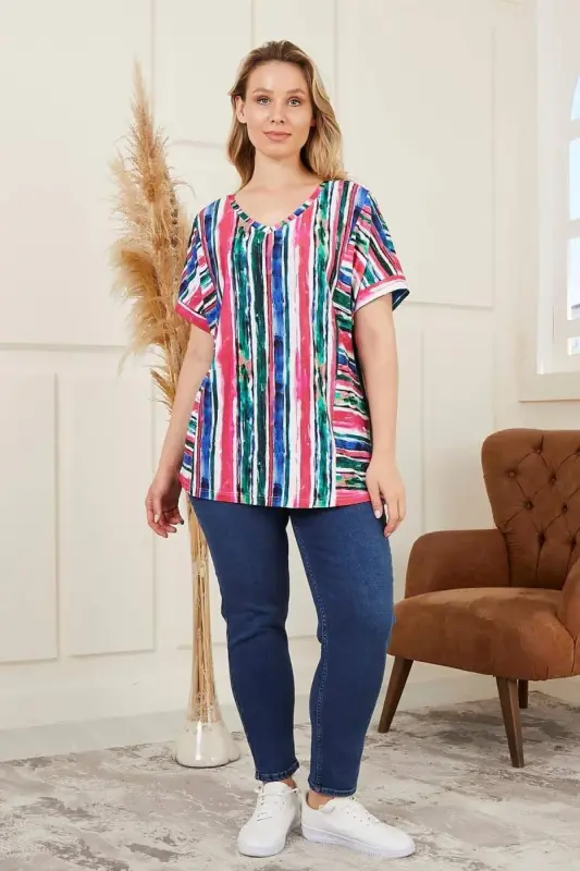 Striped Plus Size Fuchsia Blouse - 5