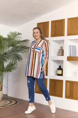 Striped Plus Size Long Blue Tunic - 5