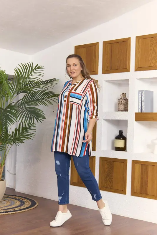 Striped Plus Size Long Blue Tunic - 5