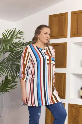 Striped Plus Size Long Blue Tunic - BÜYÜKBEDENIZ (1)