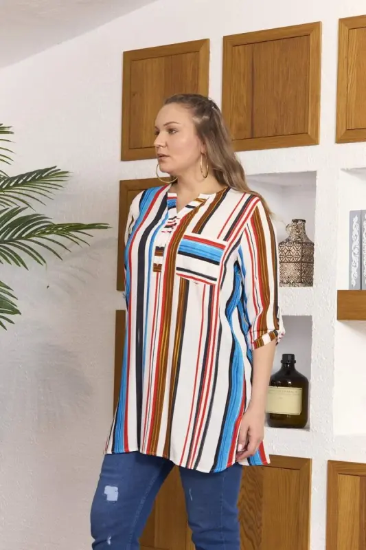 Striped Plus Size Long Blue Tunic - 3
