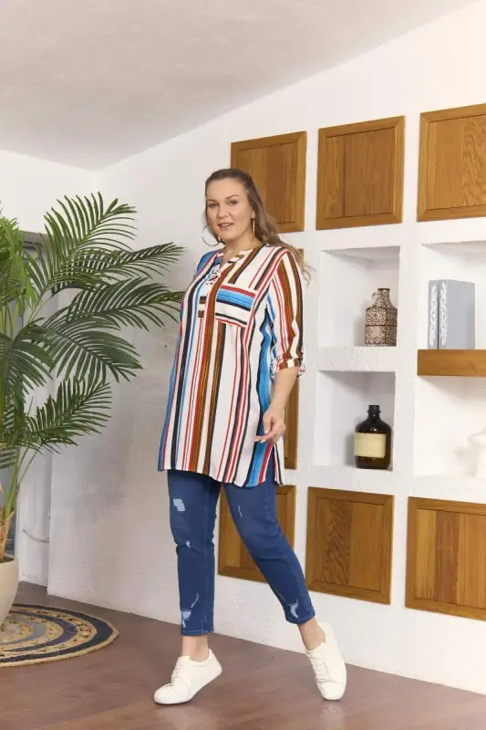 Striped Plus Size Long Blue Tunic - 5