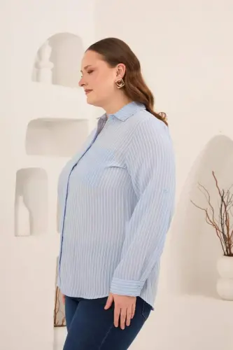 Striped Plus Size Shirt Baby Blue - BÜYÜKBEDENIZ (1)