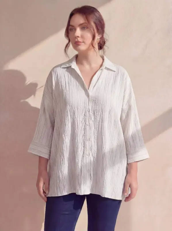 Striped Plus Size Viscose Shirt Ecru - 1