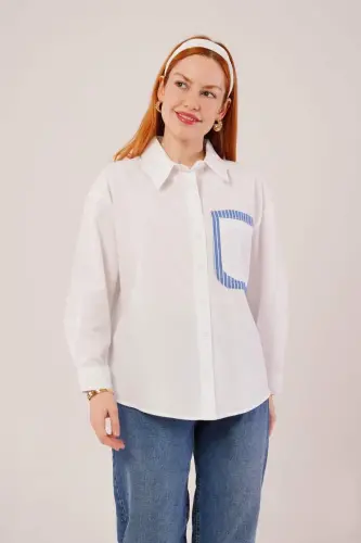 Striped Pocket Detailed White Shirt - BÜYÜKBEDENIZ (1)