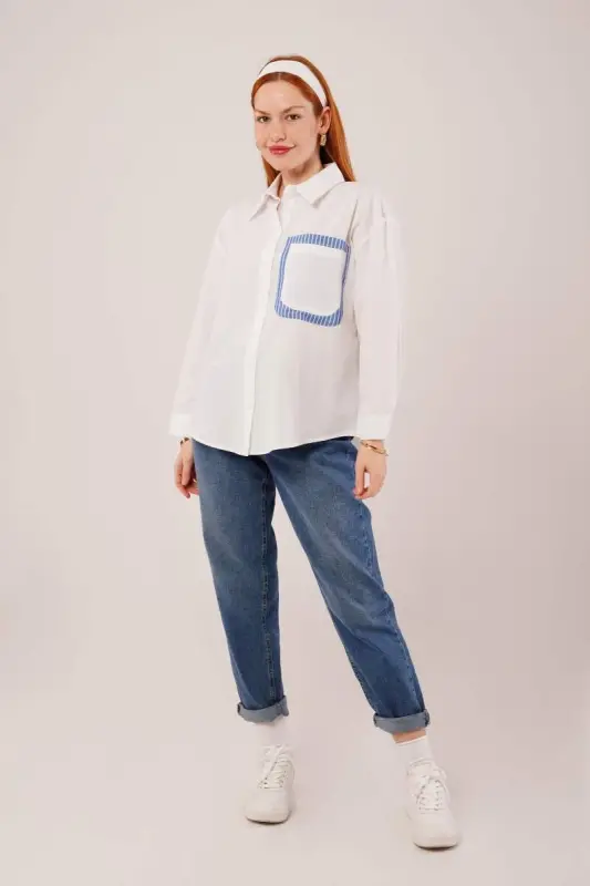 Striped Pocket Detailed White Shirt - 4